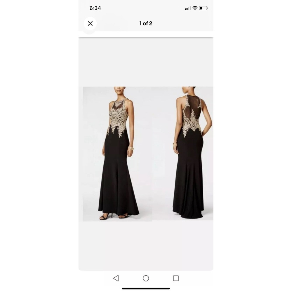 Xscape Womens Black Gold Embroidered Soutache Illusion Gown Dress Size 14